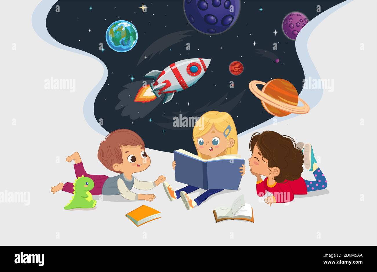 Illustrazione di bambini multirazziali sedersi in un cerchio sul pavimento e leggere il libro di astronomia. Spazio di imaging, stelle dei rockers, galassia e pianeti. Lettura Illustrazione Vettoriale