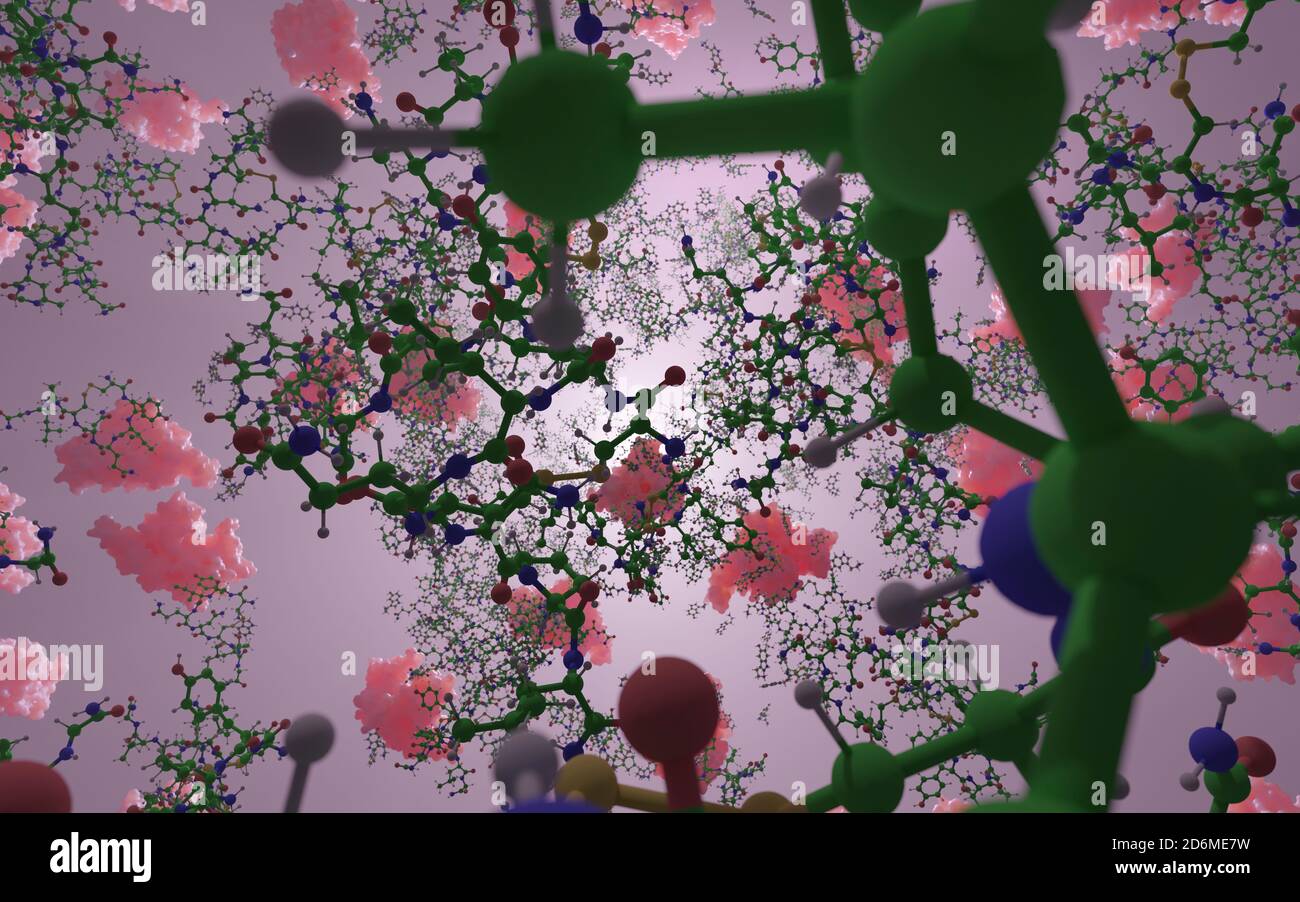 Una miscela di biomolecole piccole e macromolecole grandi (proteine). Ci sono migliaia di molecole diverse coinvolte nella biochimica della vita. Foto Stock