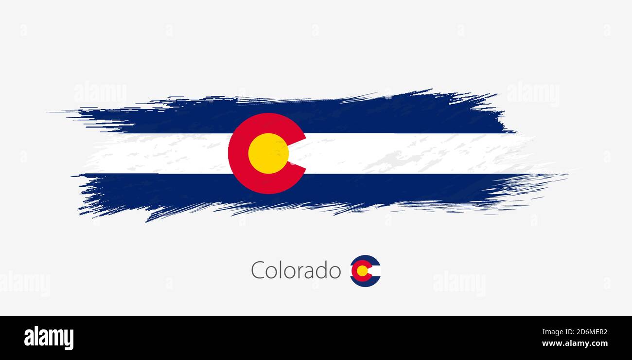 Bandiera dello stato degli Stati Uniti del Colorado, grunge il tratto astratto del pennello su sfondo grigio.illustrazione vettoriale. Illustrazione Vettoriale