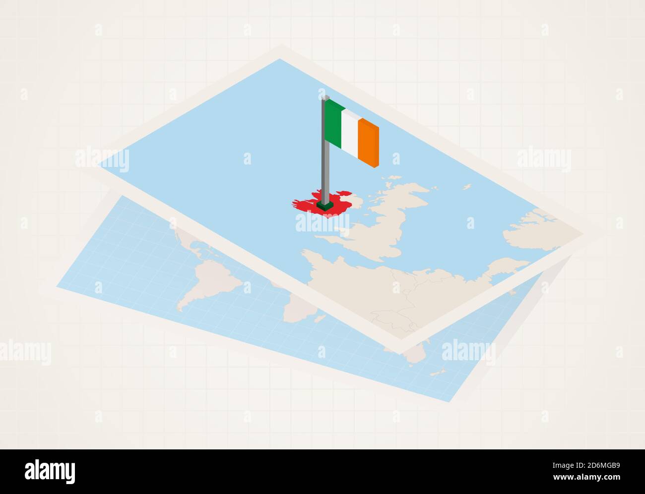 Irlanda selezionata sulla mappa con bandiera isometrica dell'Irlanda. Mappa carta vettoriale. Illustrazione Vettoriale