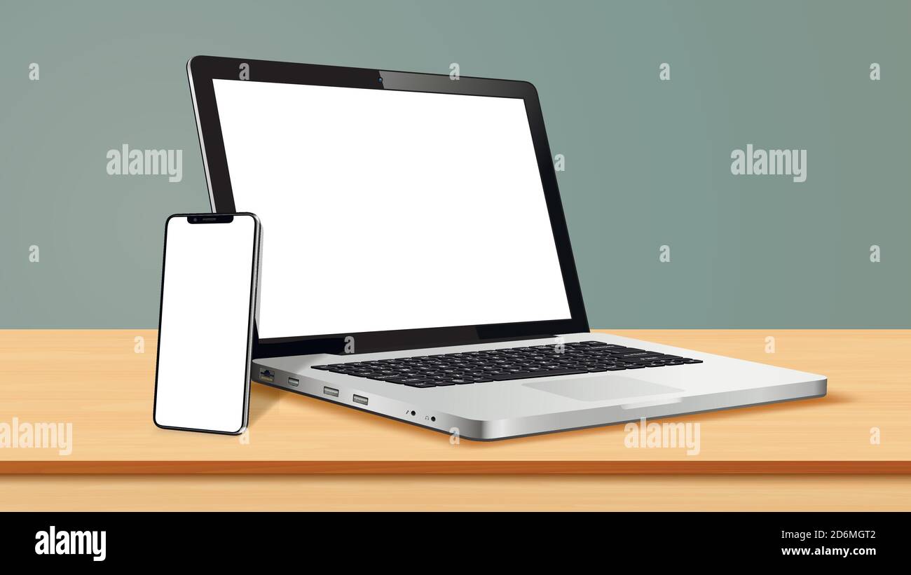 Computer portatile e smartphone su tavolo di legno Illustrazione Vettoriale
