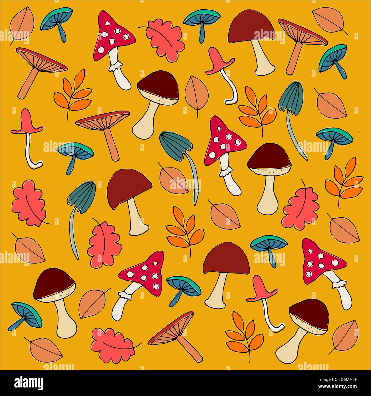 Sfondo autunno con funghi e foglie. Modello autunnale con funghi e foglie. Motivo colorato. Illustrazione autunnale. Disegnato a mano. Illustrazione Vettoriale