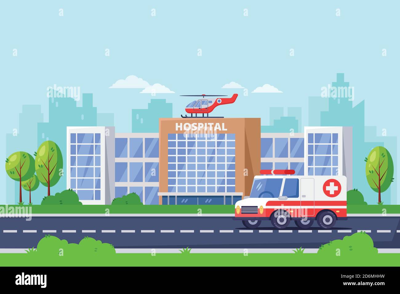 Edificio moderno dell'ospedale cittadino, illustrazione piatta vettoriale. Centro medico clinico, auto ambulanza ed elicottero sul tetto. Progettazione sanitaria e medica e Illustrazione Vettoriale