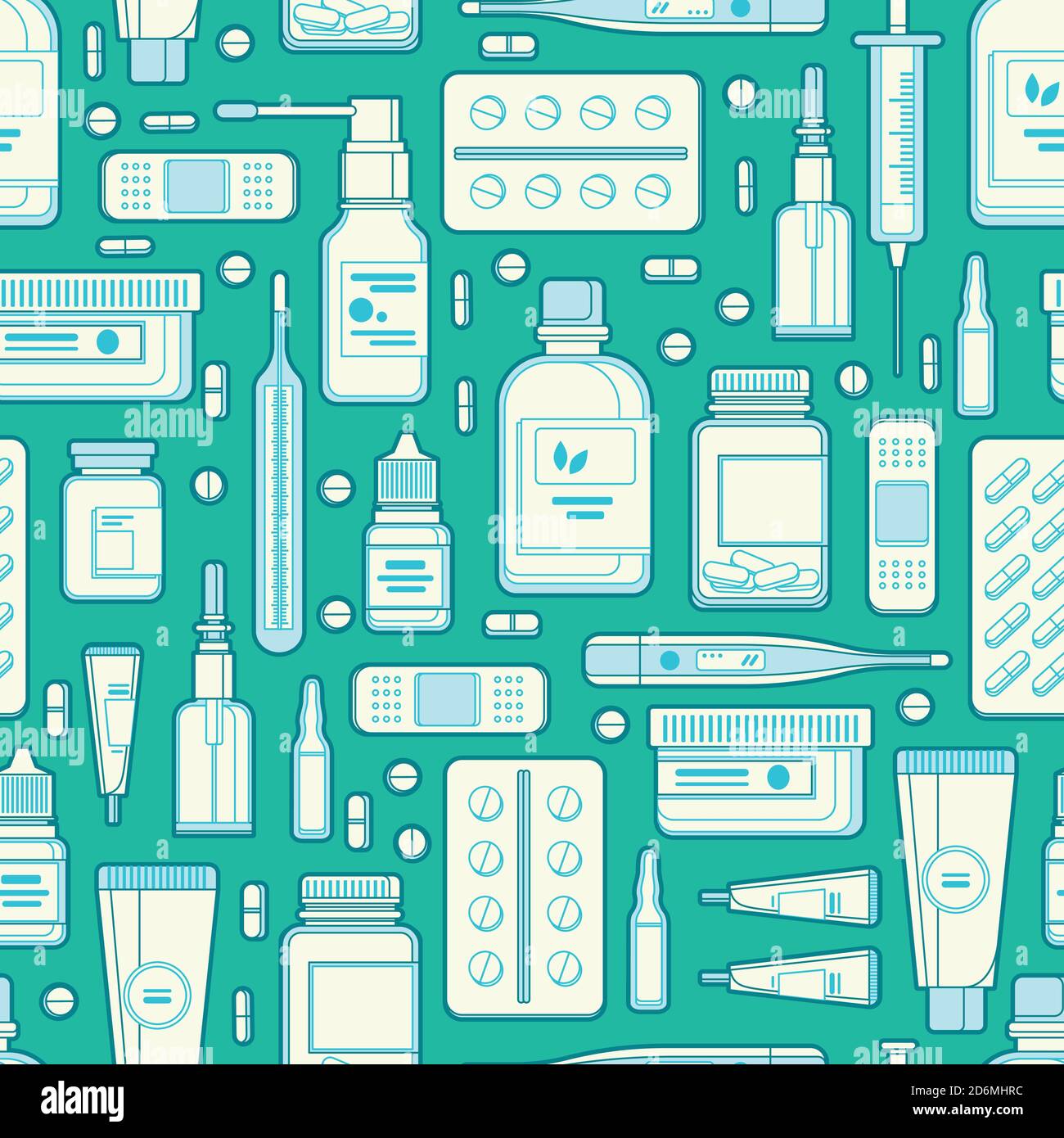 Modello senza giunture vettore di farmacia. Contorni pillole, farmaci, bottiglie su sfondo blu. Illustrazione vettoriale di farmacia, medicina e sanità. Illustrazione Vettoriale