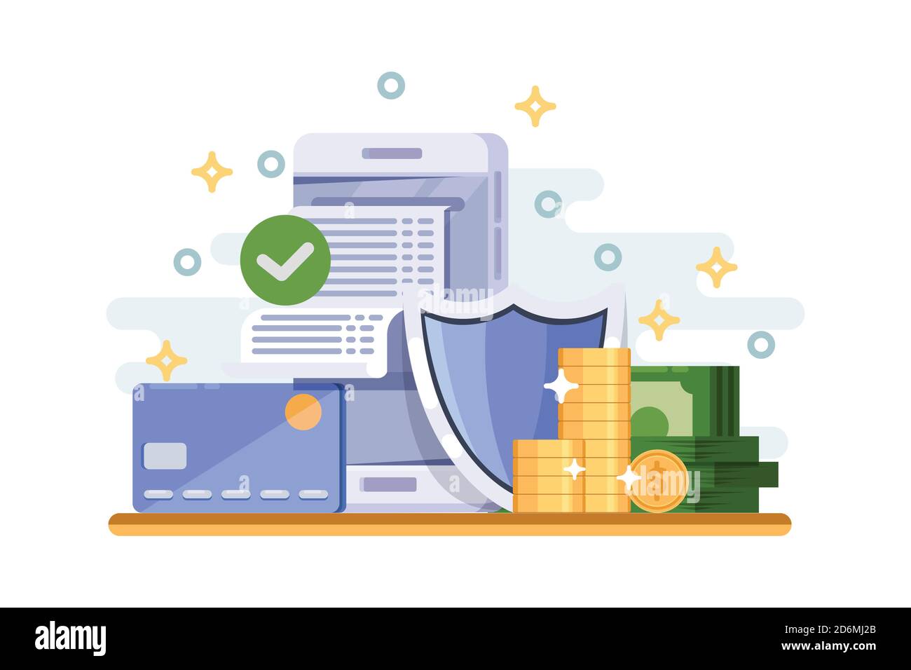 Protezione dei pagamenti online e concetto di sicurezza dei dati finanziari. Immagine vettoriale piatta di smartphone, carta di credito, fattura e scudo. Illustrazione Vettoriale