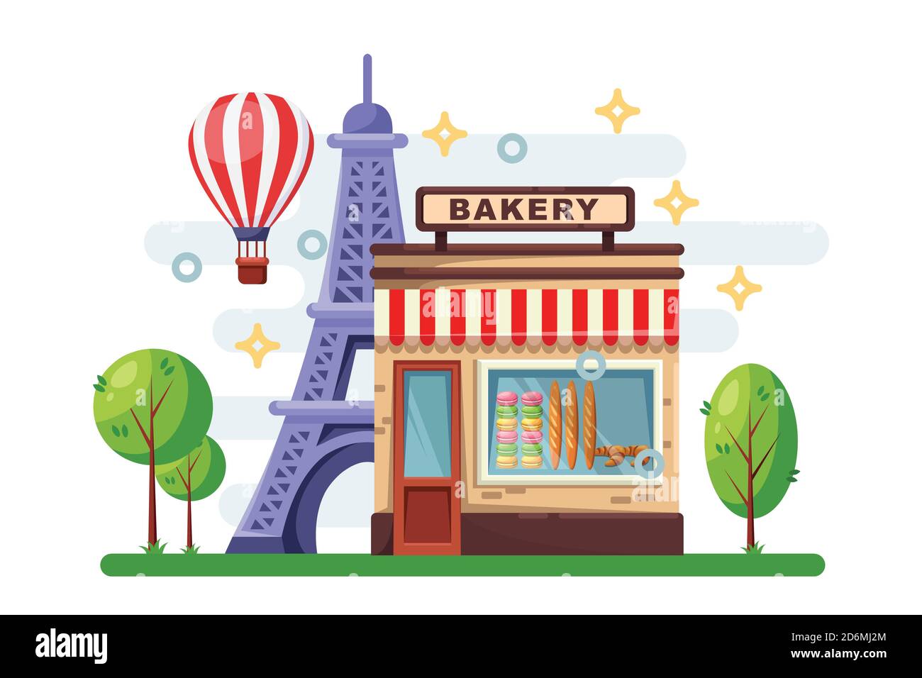 Edificio di panetteria francese con baguette, macaron, croissant alla finestra del negozio. Il paesaggio urbano di Parigi con la Torre Eiffel e il caffè di strada. Immagine piatta vettoriale. Illustrazione Vettoriale