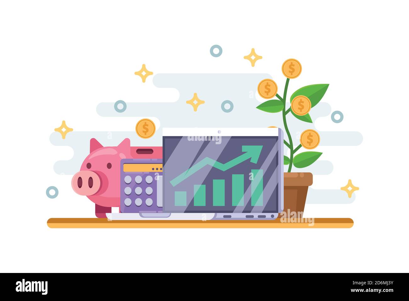 Concetto di business per la crescita degli investimenti e dei finanziamenti. Banca di piggy con moneta, albero di denaro e grafico finanziario su monitor. Immagine vettoriale isolata in piano. Illustrazione Vettoriale