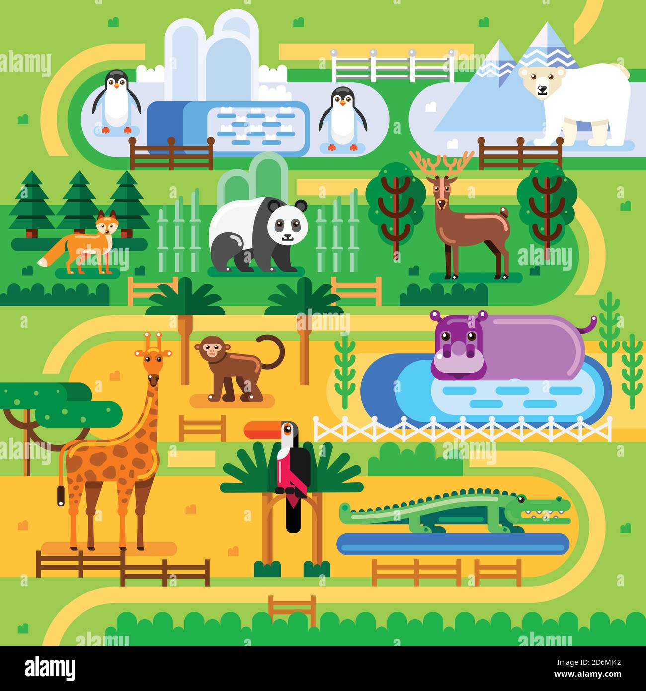 Concetto di mappa dello zoo. Animali selvatici nel parco della famiglia della giungla, illustrazione piatta vettore. Estate divertente sfondo. Illustrazione Vettoriale