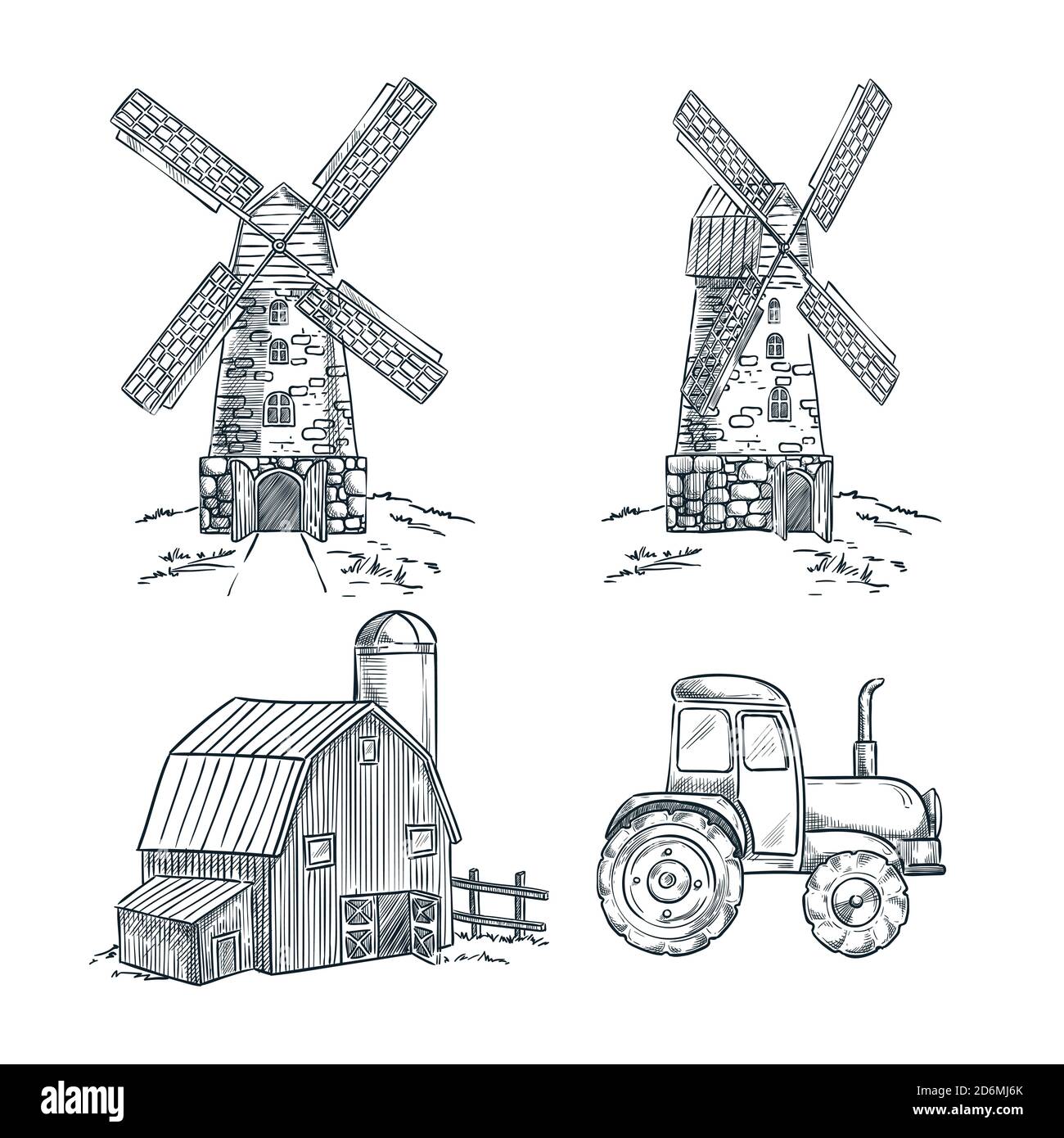 Illustrazione dello schizzo vettoriale di mulino, fienile e trattore. Elementi di progettazione disegnati a mano per l'agricoltura e la raccolta. Illustrazione Vettoriale