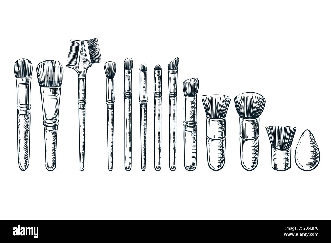 Illustrazione dello schizzo vettoriale dei pennelli di trucco. Elementi di design cosmetici femminili. Attrezzi di bellezza isolati disegnati a mano. Illustrazione Vettoriale