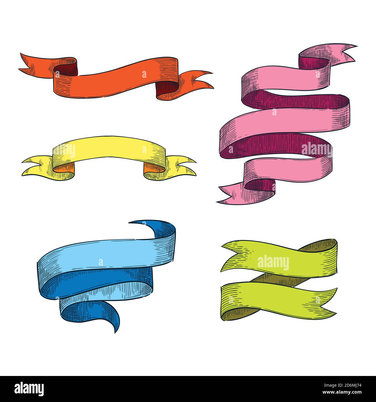 I banner a nastro multicolore disegnano un'illustrazione vettoriale. Elementi di design isolati disegnati a mano per le feste. Illustrazione Vettoriale