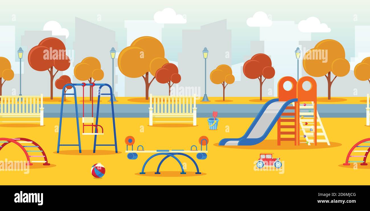 Parco cittadino autunnale con parco giochi per bambini. Vettore orizzontale sfondo senza giunture. Illustrazione della vita urbana, del tempo libero e delle attività all'aperto. Fa Illustrazione Vettoriale