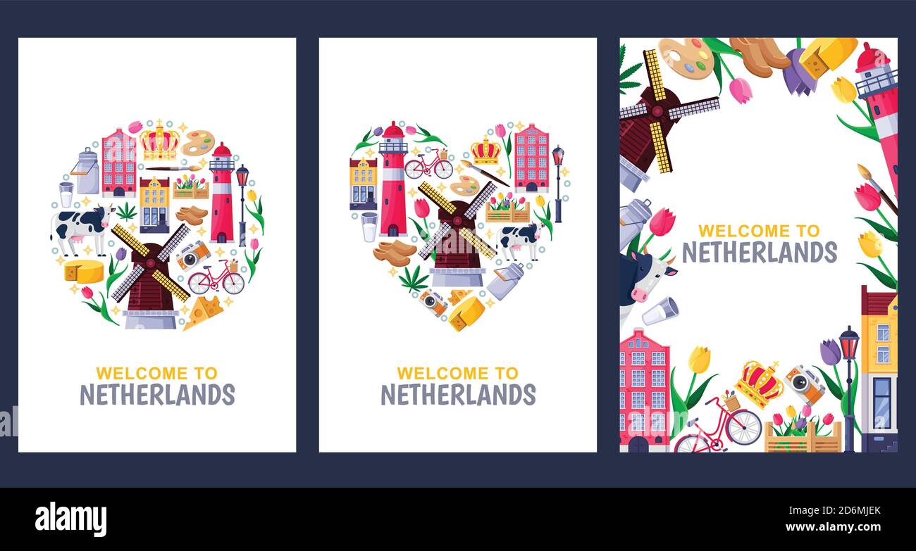 Benvenuti in Olanda biglietti ricordo di auguri, stampa o poster modello di progettazione. Viaggio verso Amsterdam Vector flat illustrazione. Cerchio, il cuore forma un Illustrazione Vettoriale