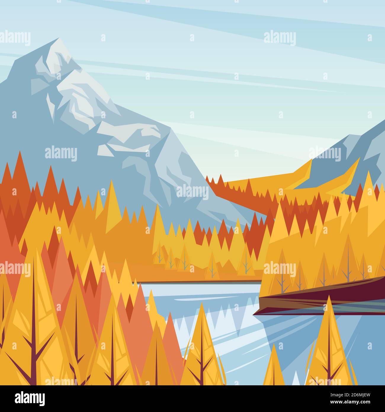 Lago in valle di montagna, vettore caduta illustrazione. Sfondo paesaggio autunno. Fiume circondato da foresta. Concetto di viaggio all'aperto. Illustrazione Vettoriale