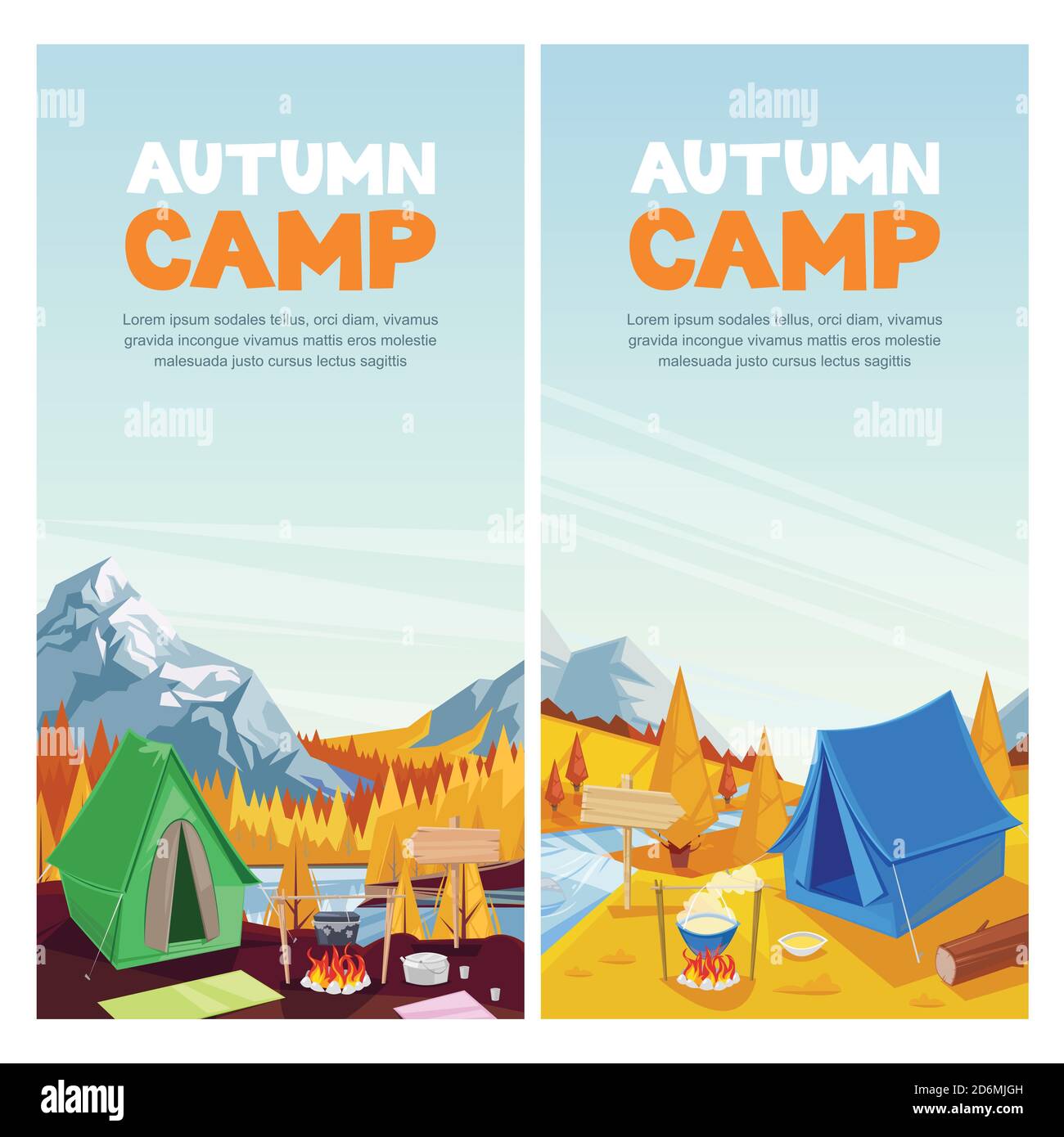 Campeggio in autunno nella valle delle montagne, banner vettoriale, modello di poster. Avventura, viaggio e concetto di eco-turismo. Campeggio turistico tenda e natura Illustrazione Vettoriale