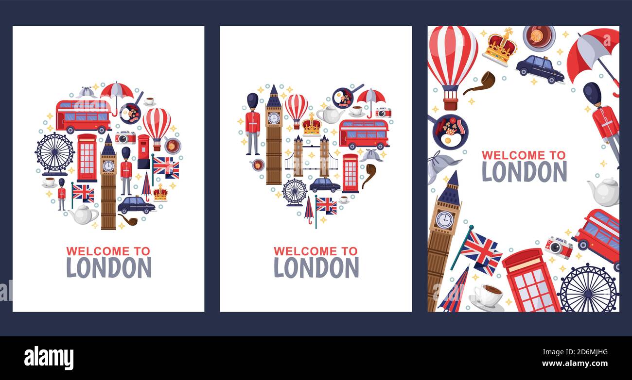 Benvenuti a Londra biglietti ricordo d'auguri, stampa o poster modello di design. Viaggio a Gran Bretagna flat illustrazione. Cerchio, forme del cuore e cornice Illustrazione Vettoriale