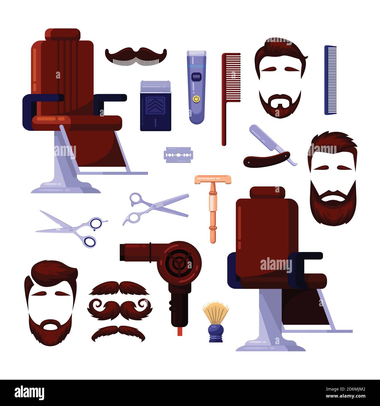 Icone di salone da uomo e elementi di design vettoriali per barbiere. Barbiere, rasatura e parrucchiere strumenti vintage e attrezzature isolate su sfondo bianco. Illustrazione Vettoriale