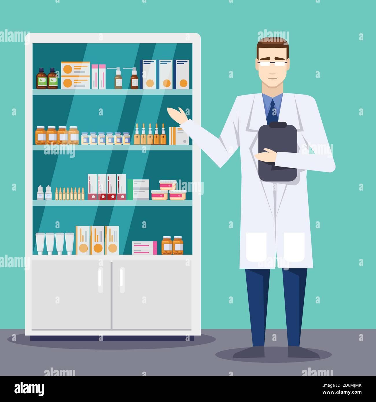 Farmacista maschile che mostra medicinali e pillole. Farmacia o farmacia interna. Illustrazione di stile piatto vettoriale. Illustrazione Vettoriale