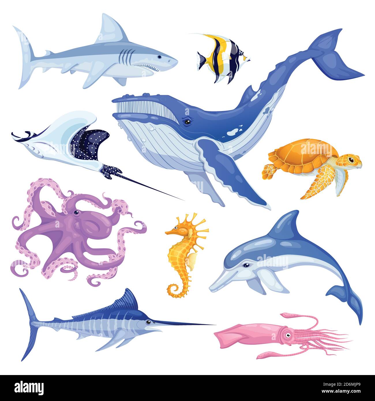 Set di animali marini e oceanici. Cartoon vettoriale illustrazione dei pesci marini. Simpatici personaggi subacquei colorati isolati su sfondo bianco. Illustrazione Vettoriale