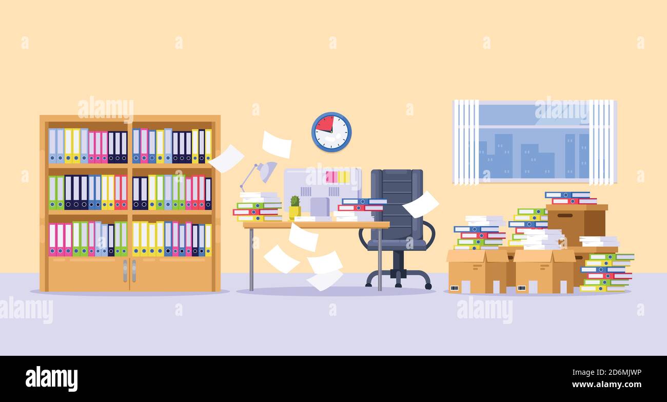 Mobile da ufficio con pile di documenti cartacei, file e cartelle sulla scrivania. Concetto di scadenza, burocrazia e lavoro cartaceo. Illustratore piatto vettoriale Illustrazione Vettoriale