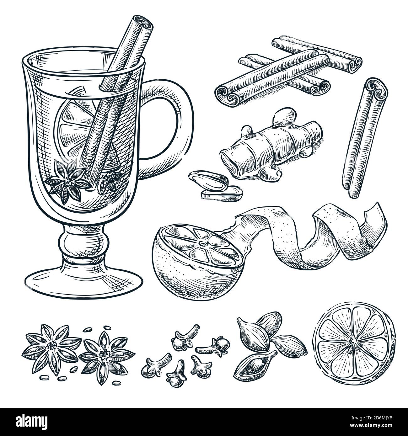 Ricetta di VIN brulé, illustrazione dello schizzo vettoriale. Set di spezie e ingredienti isolati disegnati a mano. Elementi di design del menu bevande alcoliche calde. Illustrazione Vettoriale