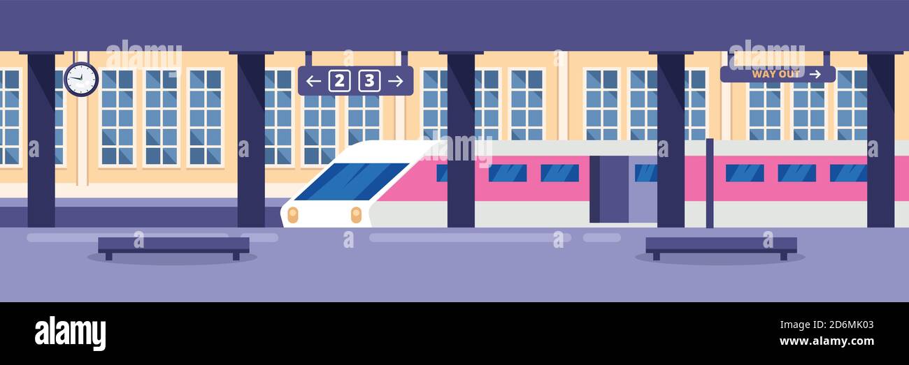 Moderno treno ad alta velocità sulla stazione ferroviaria vuota. Trasporto pubblico ferroviario di passeggeri, illustrazione vettoriale. Viaggio ferroviario e concetto di viaggio. Illustrazione Vettoriale