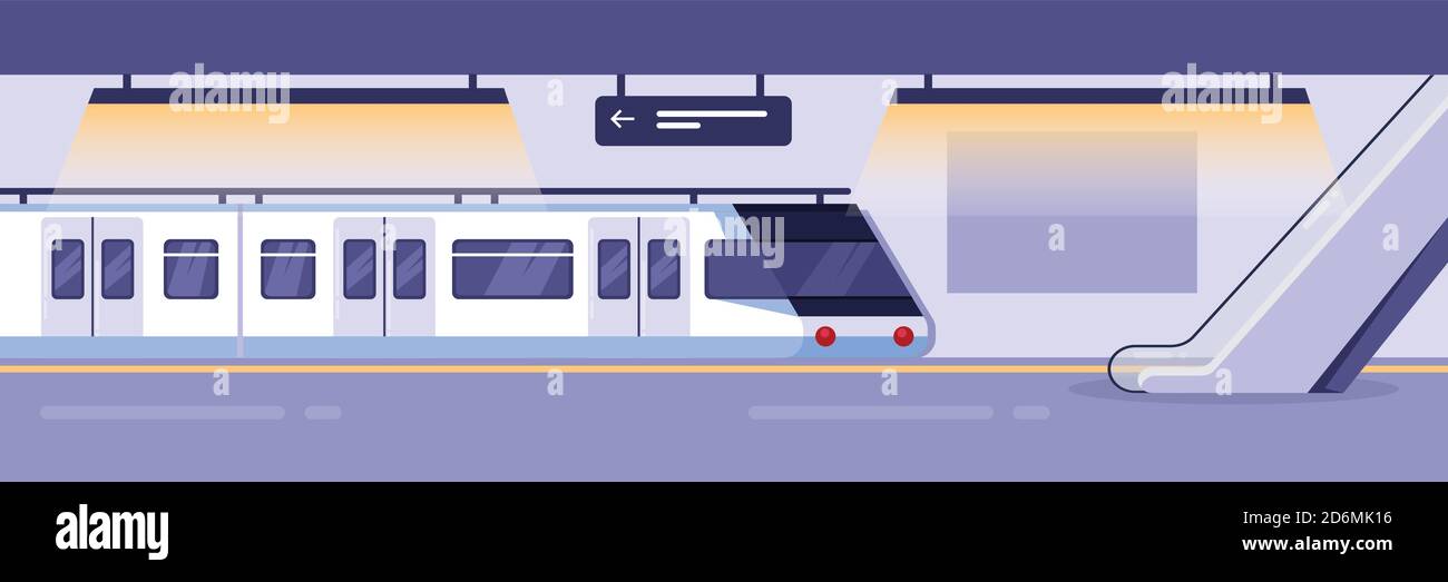 Treno moderno sulla stazione della metropolitana vuota. Stazione della metropolitana ferroviaria interna, illustrazione vettoriale. Trasporto pubblico sotterraneo per passeggeri in città. Illustrazione Vettoriale
