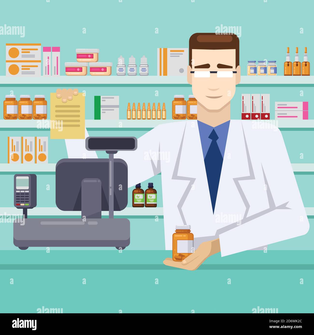 Farmacista maschile con pillole dietro il bancone. Farmacia o farmacia interna. Illustrazione di stile piatto vettoriale. Illustrazione Vettoriale