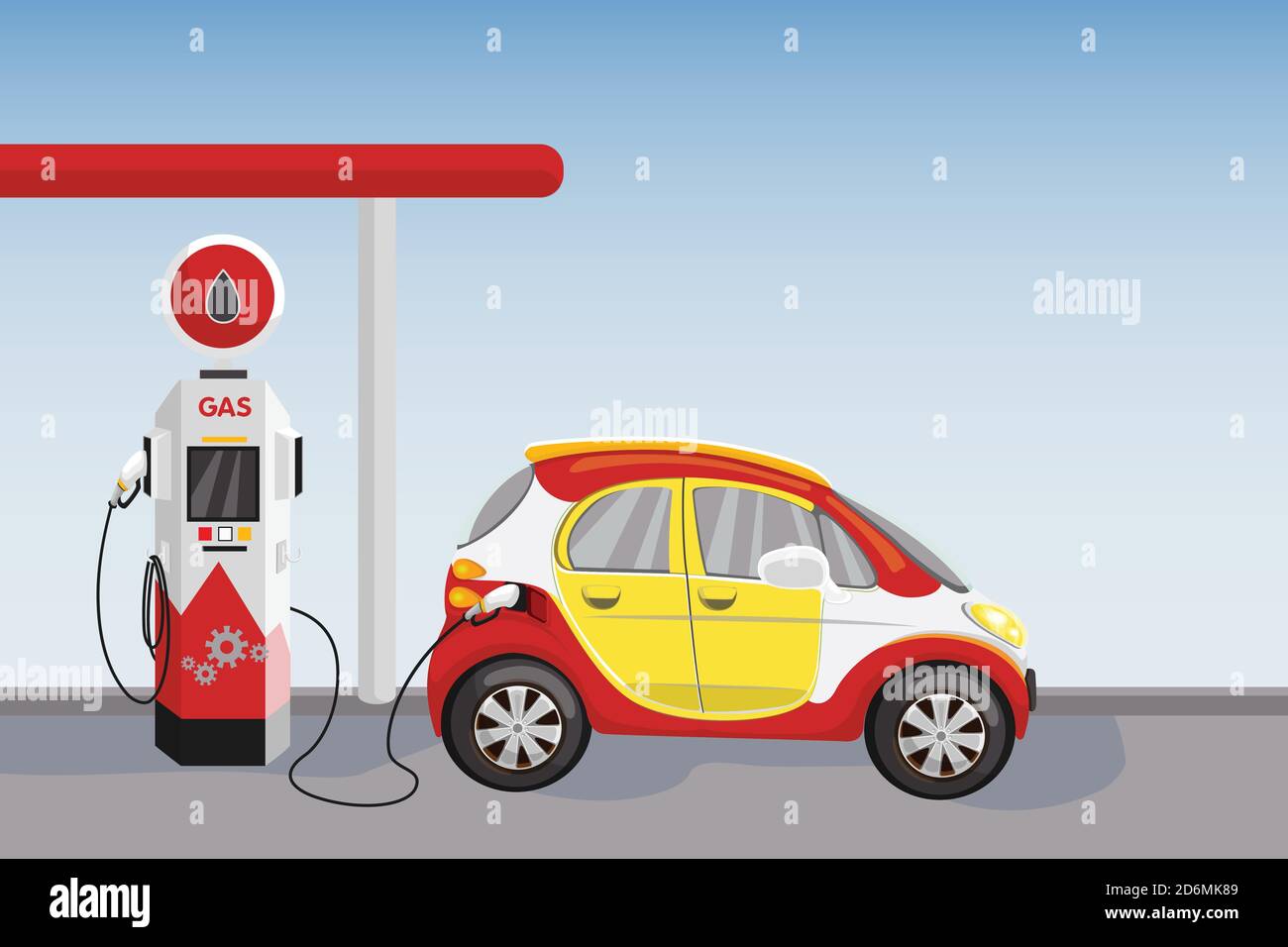 Auto rossa al distributore di benzina e benzina. Illustrazione di cartoni animati vettoriali. Illustrazione Vettoriale