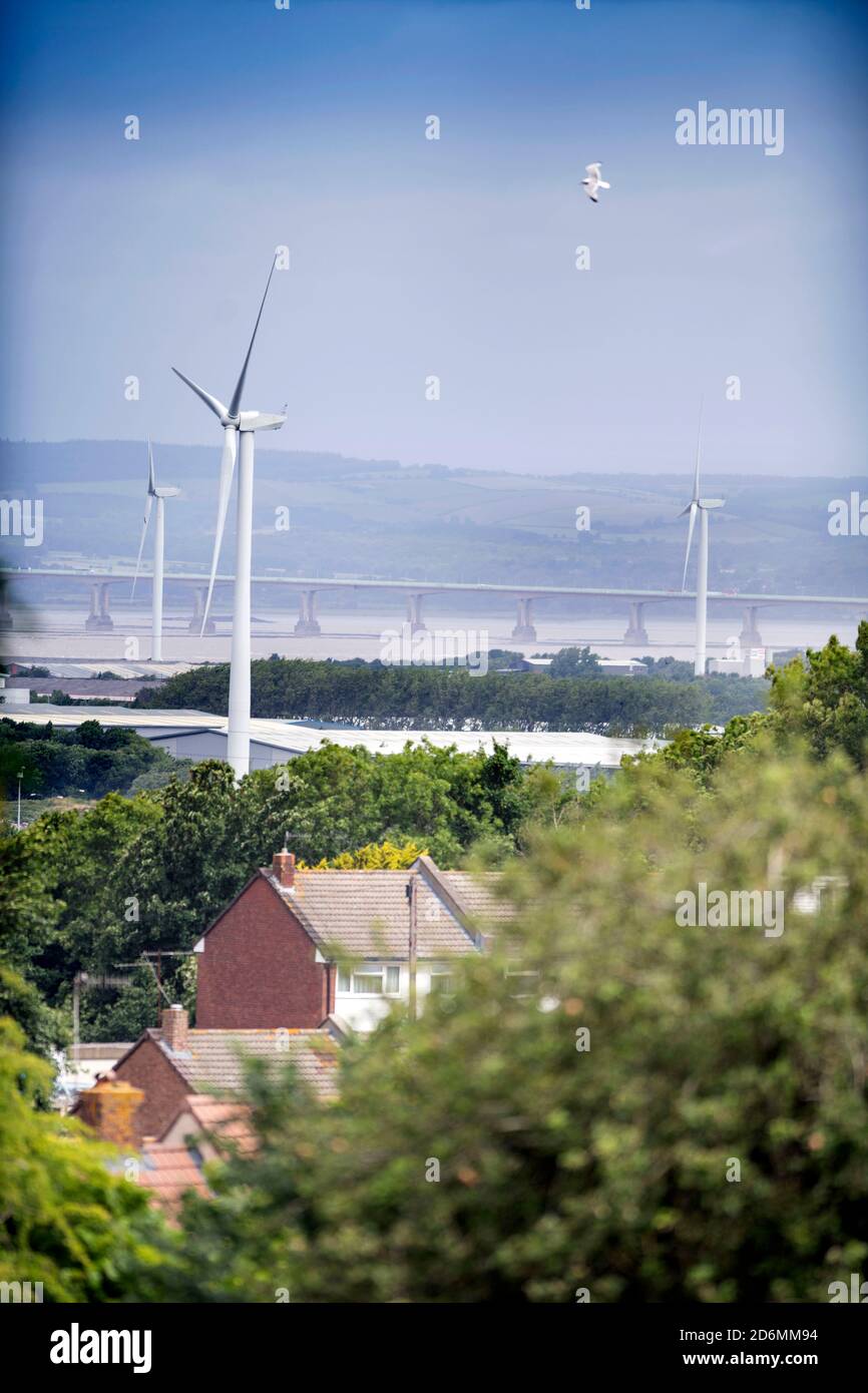Turbine eoliche nell'area Avonmouth di Bristol, Regno Unito Foto Stock