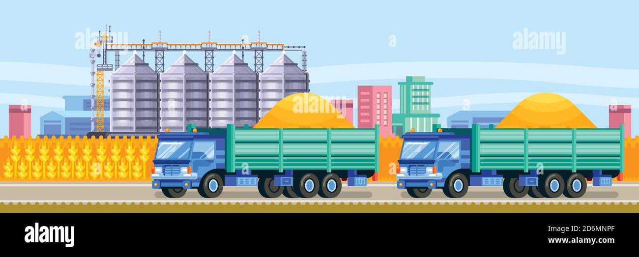 I carrelli silo agricoli trasportano la raccolta del grano all'elevatore di deposito della granella. Illustrazione piatta del vettore di conservazione e raccolta dei cereali. Illustrazione Vettoriale