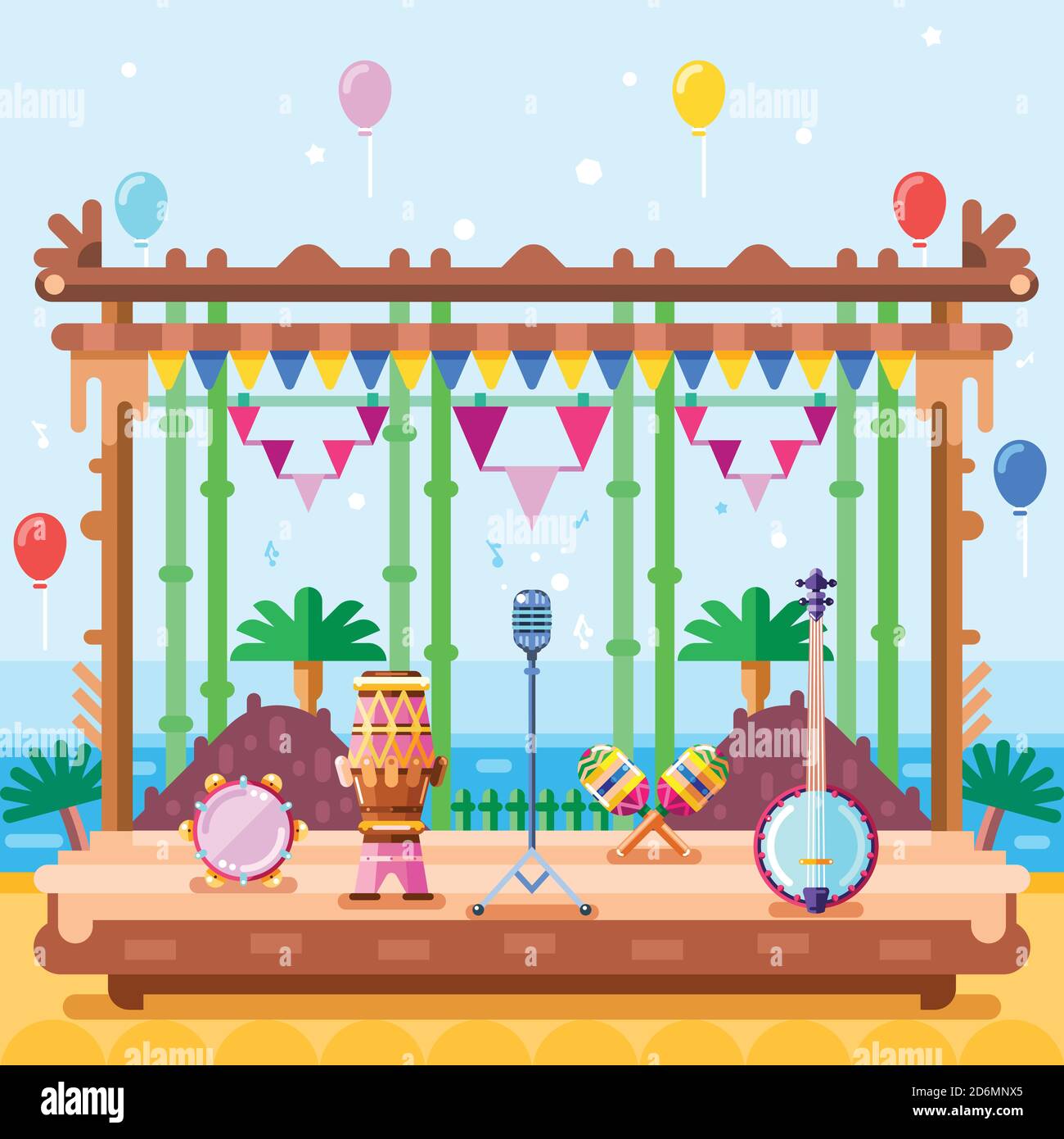 Palco per concerti all'aperto, immagine vettoriale piatta. Strumenti musicali e faretti sul podio della scena. Musical estate spiaggia festival di design elem Illustrazione Vettoriale