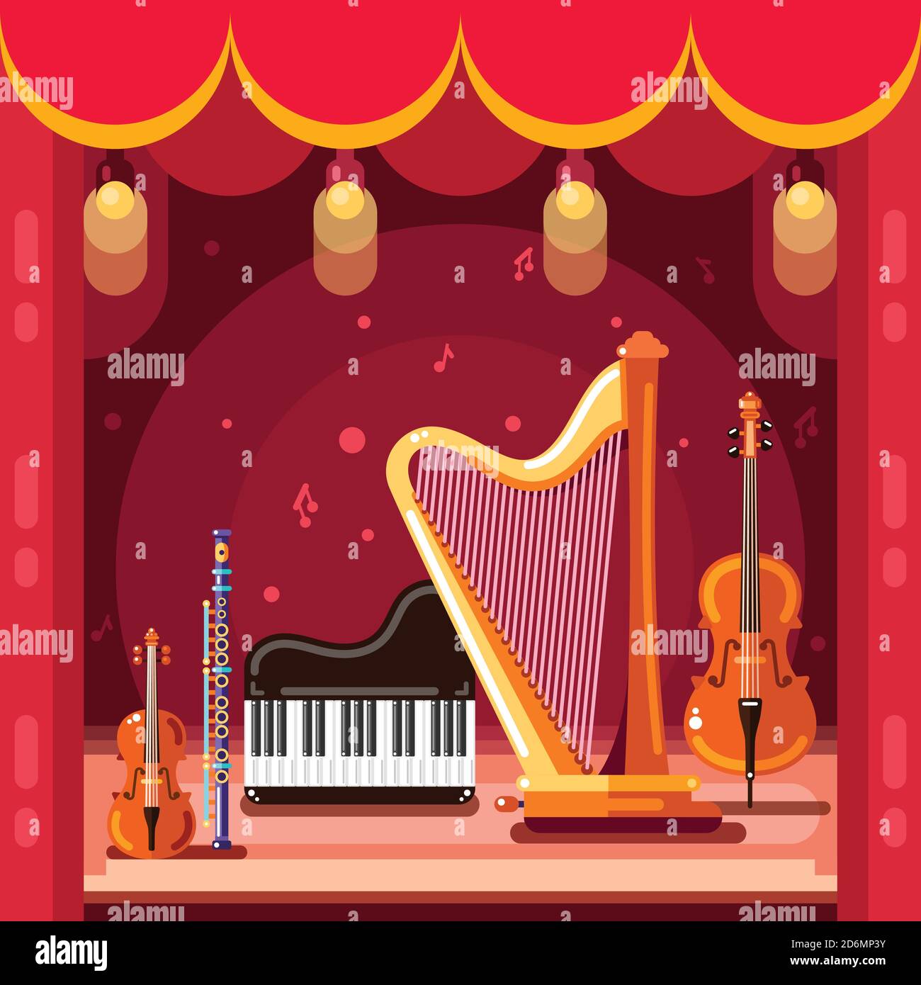 Teatro e musica classica, rappresentazione vettoriale piatta. Strumenti musicali e faretti sul podio della scena. Design di spettacoli teatrali e Illustrazione Vettoriale