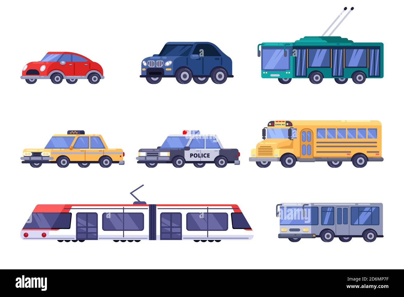 Servizio di trasporto pubblico e personale della città municipale. Illustrazione del veicolo piatto Vector. Auto moderna colorata, tram, autobus, filobus, treno isolato su whit Illustrazione Vettoriale