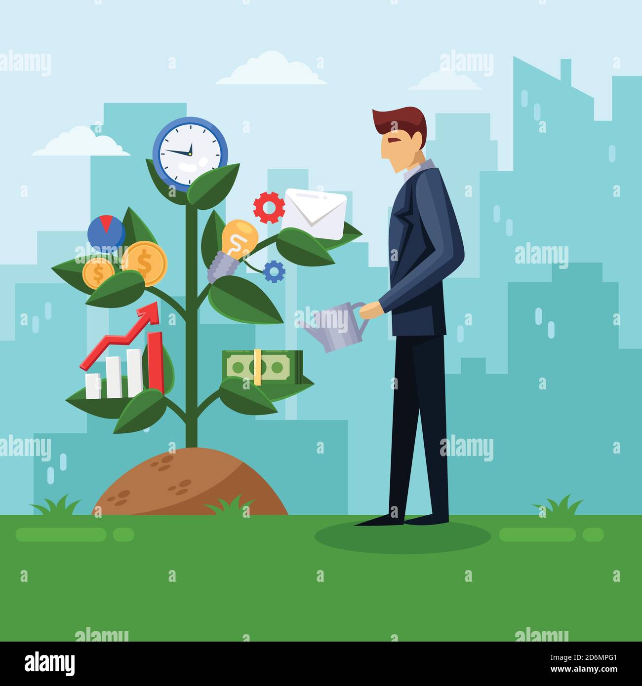 Uomo d'affari annaffiatura business albero. Progettazione e crescita del concetto di business strategico. Immagine piatta vettoriale. Uomo sullo sfondo della città. Illustrazione Vettoriale