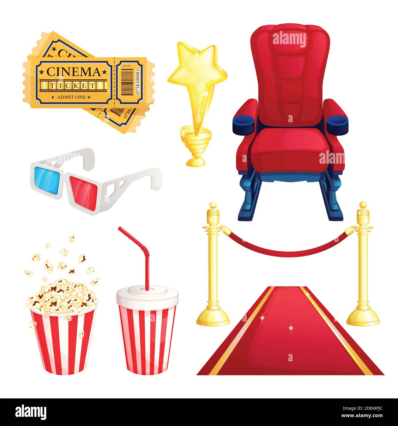 Guardare film e cinema teatro, cartoni animati vettoriali icone e set di elementi di design. Biglietti, pop corn, tappeto rosso e illustrazione della poltrona. Illustrazione Vettoriale