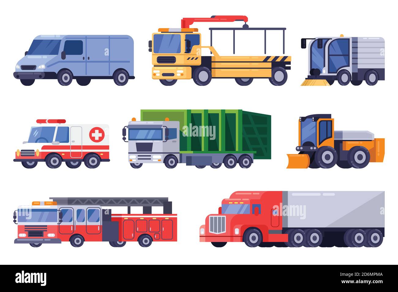 Set di attrezzature per il trasporto su strada e macchinari municipali. Illustrazione del veicolo piatto Vector. Carrello di traino, spazzatura, macchina, spazzaneve isolato su whit Illustrazione Vettoriale