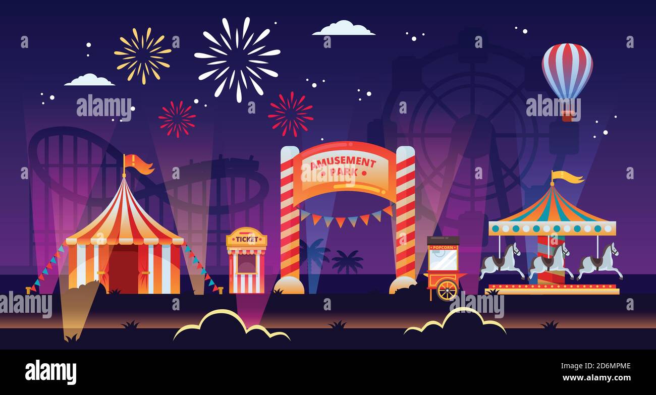 Illustrazione vettoriale del parco divertimenti notturno. Giostre divertenti e luminose, circo, fiera nel parco. Carnevale, festival e temi di intrattenimento sfondo. Illustrazione Vettoriale
