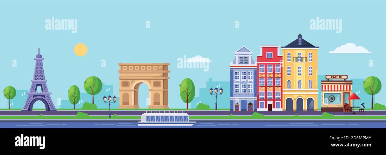 Stagione estiva a Parigi. Immagine vettoriale piatta del paesaggio urbano con la Torre Eiffel, l'Arco di Trionfo e gli edifici antichi. Viaggio in Francia design. Illustrazione Vettoriale