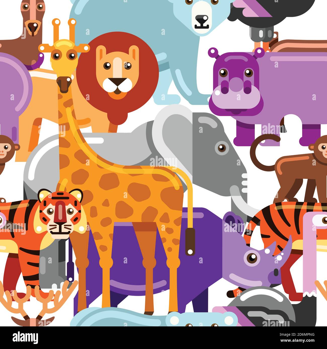 Animali selvatici esotici modello senza giunture. Zoo o safari vettoriale flat illustrazione. Cartoon multicolore cute sfondo. Illustrazione Vettoriale
