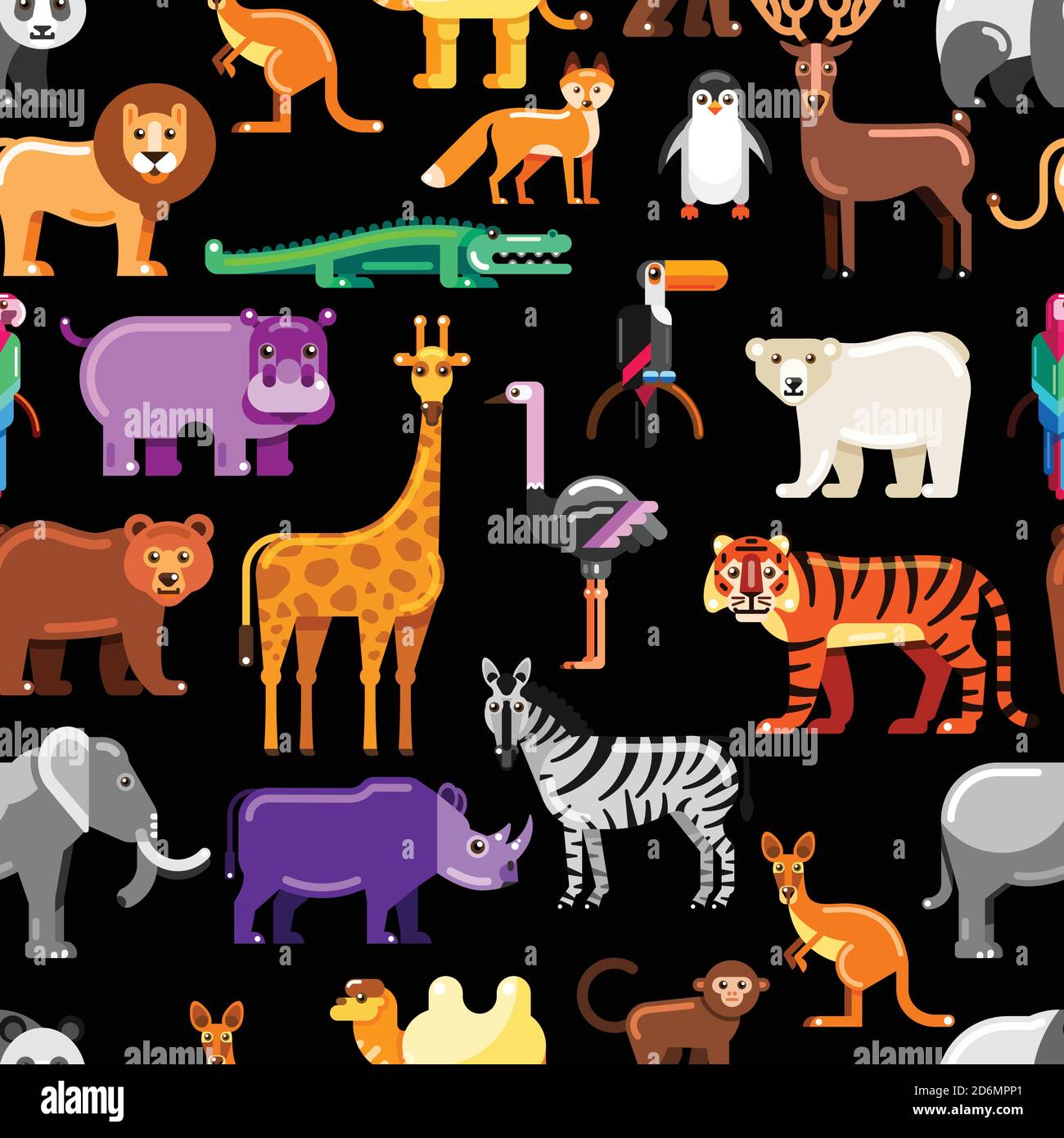 Animali selvatici esotici su sfondo nero. Modello senza giunture vettoriale. Colorato zoo o safari flat illustrazione. Illustrazione Vettoriale