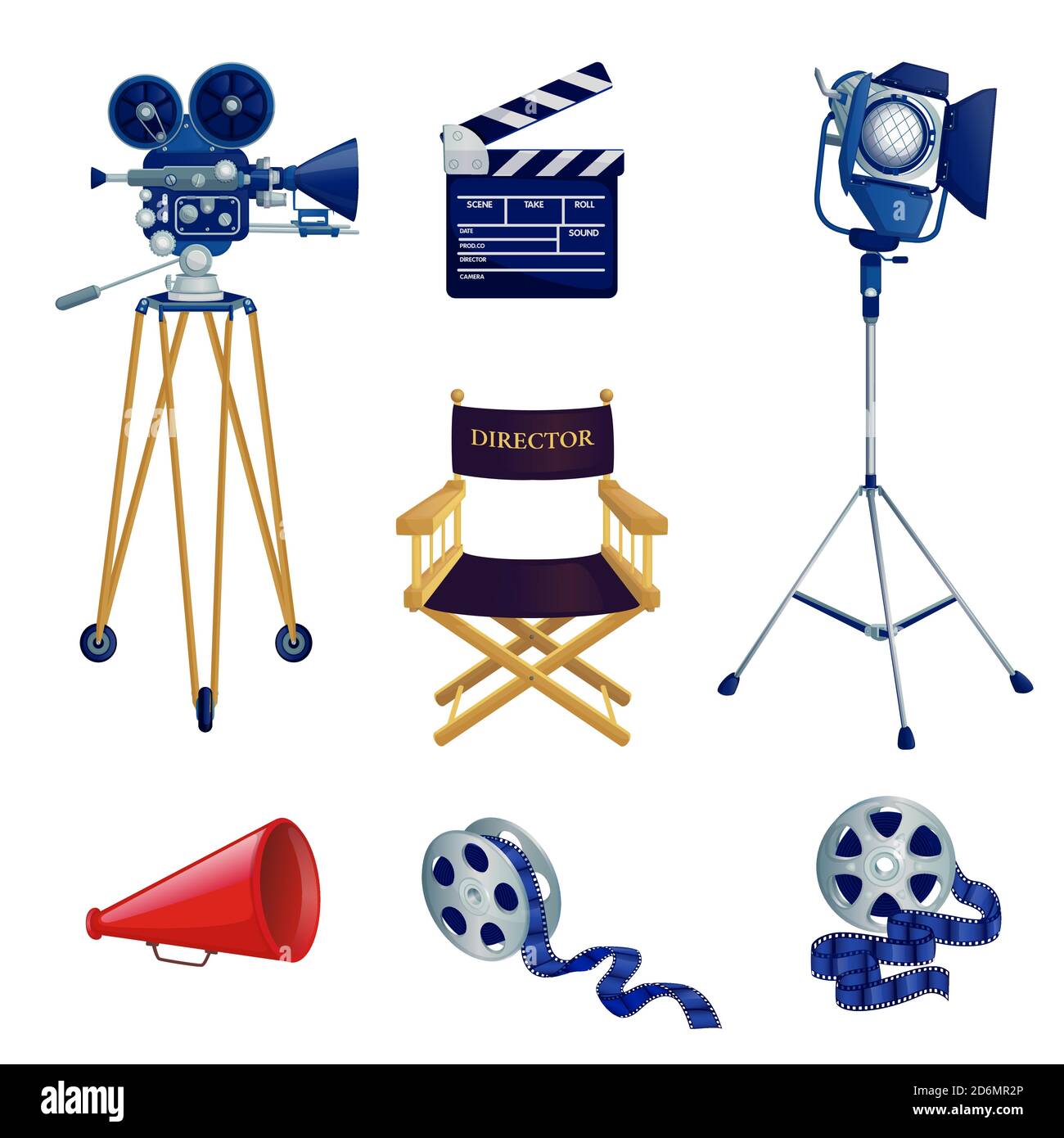 Produzione di video e cinema, icone vettoriali di cartoni animati e set di elementi di design. Illustrazione delle apparecchiature dello studio cinematografico. Illustrazione Vettoriale