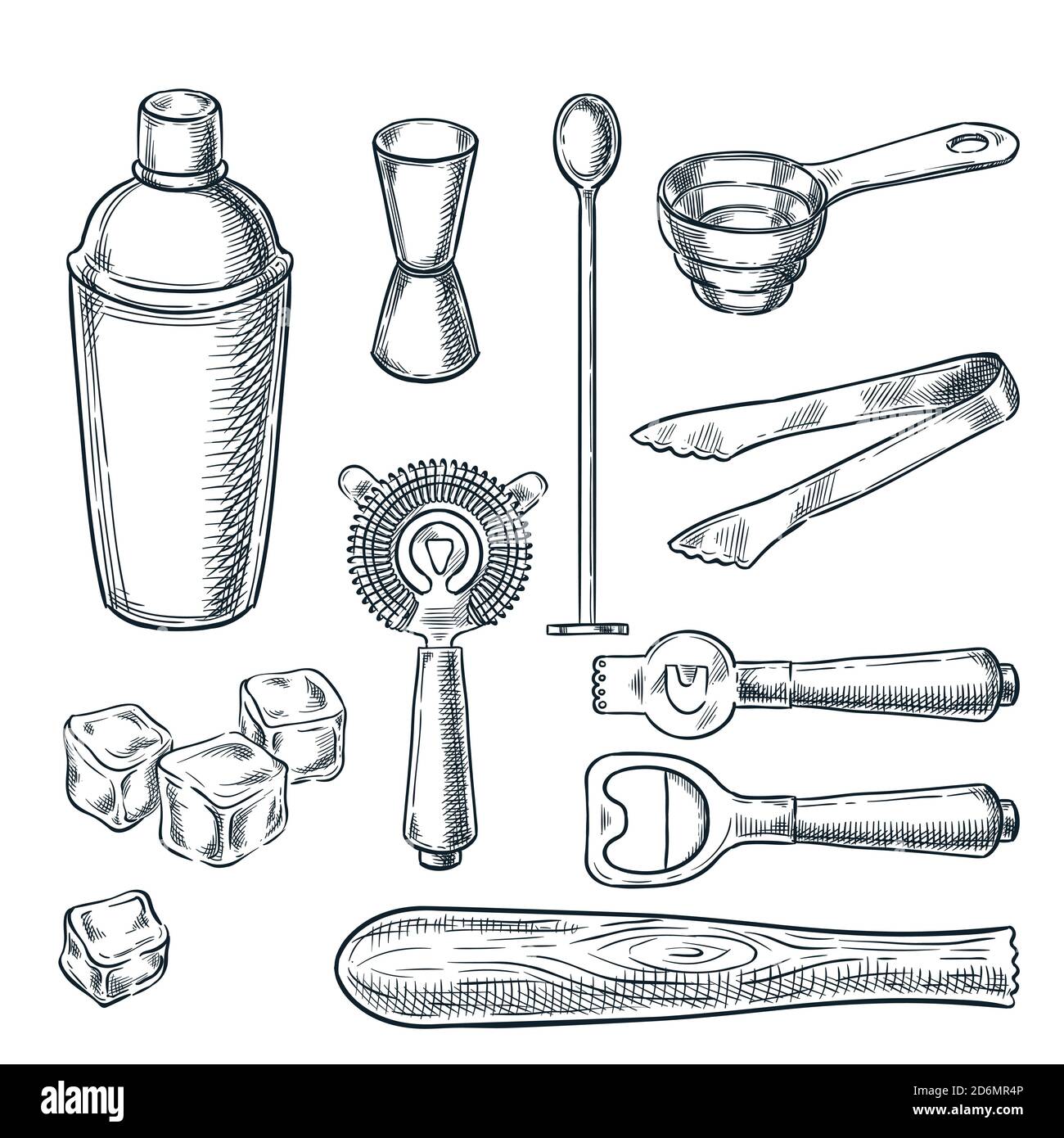 Illustrazione di schizzi vettoriali di strumenti e attrezzature per la barra da cocktail. Icone disegnate a mano ed elementi di design per lavori di barista. Illustrazione Vettoriale