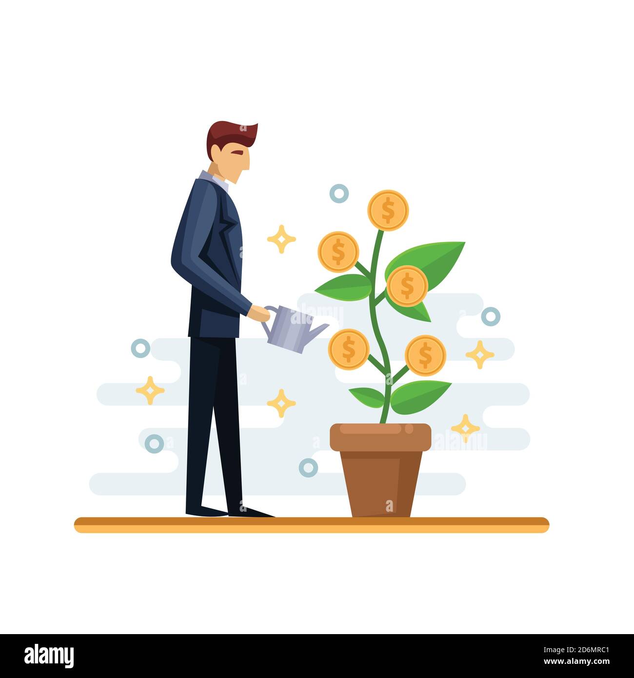 Uomo d'affari annaffiatura albero di soldi verdi. Immagine vettoriale isolata in piano. Concetto di business per la crescita degli investimenti e dei finanziamenti. Pianta crescente con co dorato Illustrazione Vettoriale