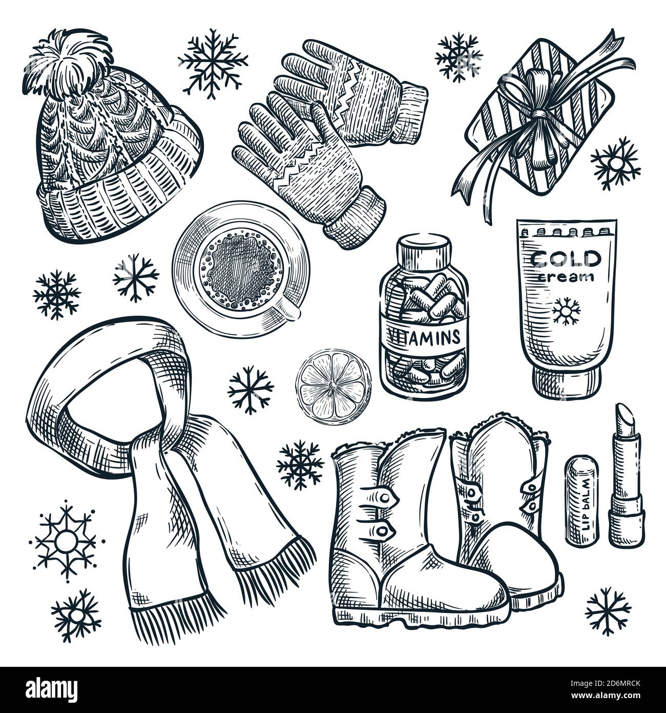 Informazioni essenziali per l'inverno e l'autunno, illustrazione di schizzi vettoriali. Abbigliamento di moda disegnato a mano, icone accessori autunnali ed elementi di design. Illustrazione Vettoriale