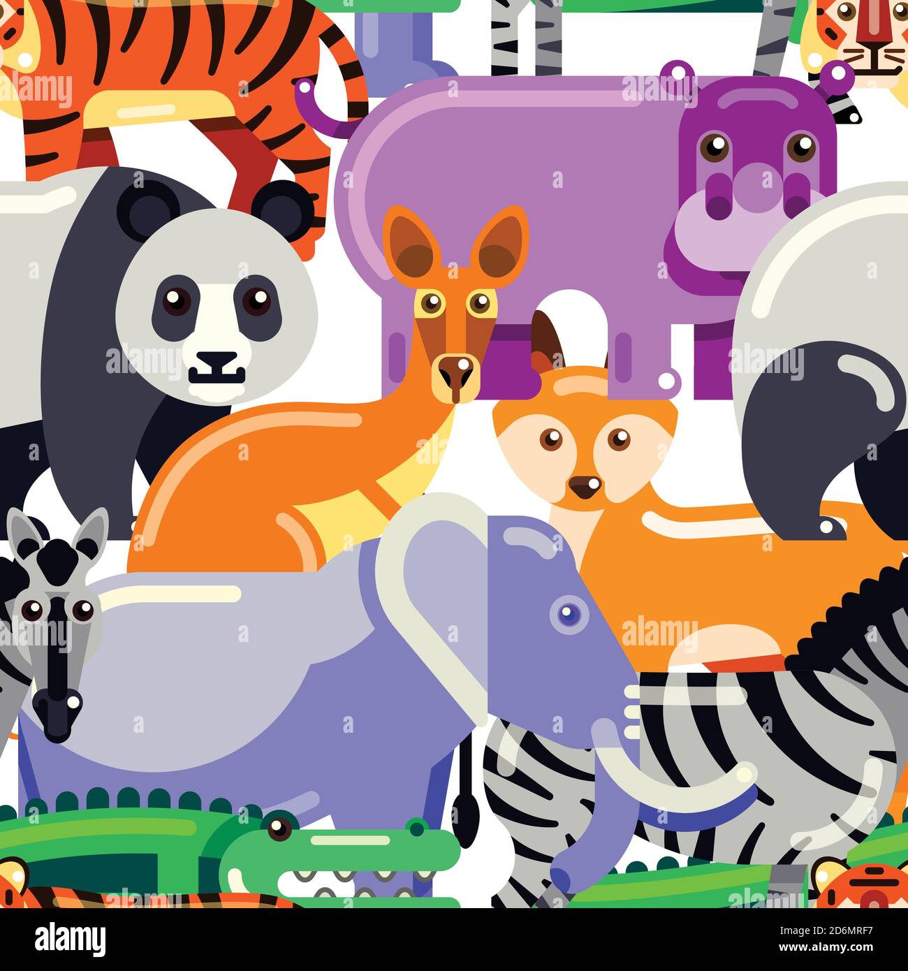 Animali modello senza giunture. Immagine vettoriale piatta dello zoo. Sfondo colorato di cartoni animati. Illustrazione Vettoriale