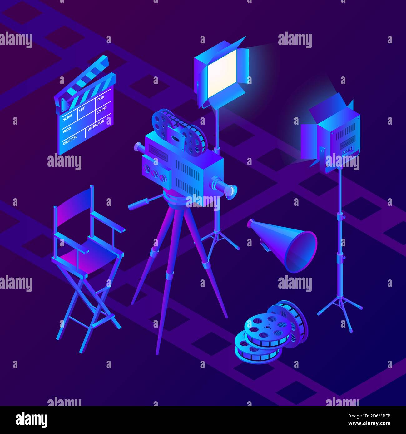 Produzione di video e cinema. Illustrazione dei gradienti neon isometrici vettoriali. Set di icone e elementi di design per le attrezzature degli studi cinematografici. Illustrazione Vettoriale