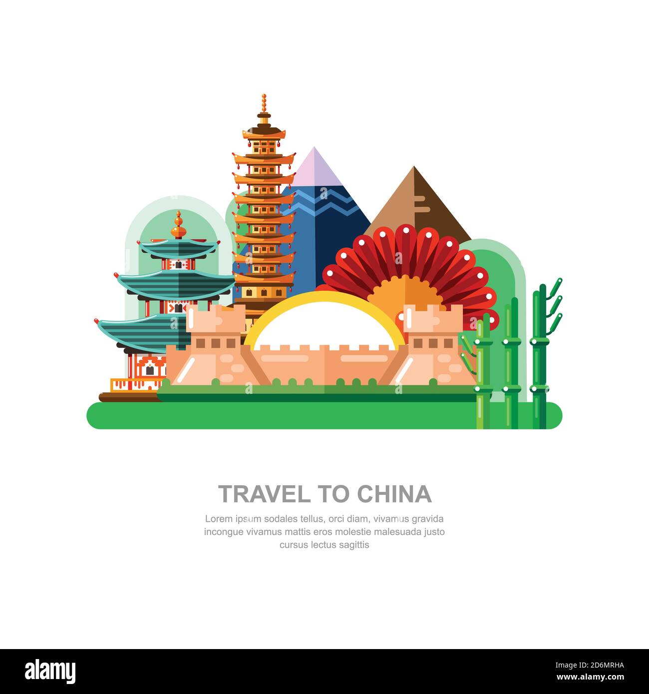 Viaggio in Cina vettore flat illustrazione. Muro cinese e altri simboli nazionali, icone dei punti di riferimento ed elementi di design. Illustrazione Vettoriale