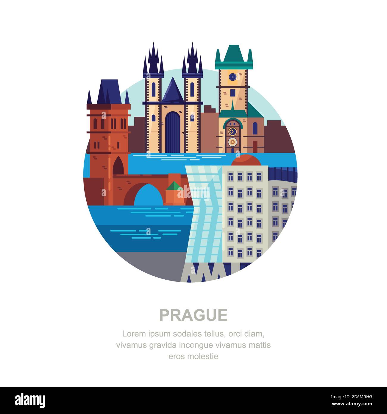 Viaggio in Repubblica Ceca vettore flat illustrazione. Simboli della città di Praga e monumenti turistici. Icone di edifici urbani ed elementi di design. Illustrazione Vettoriale