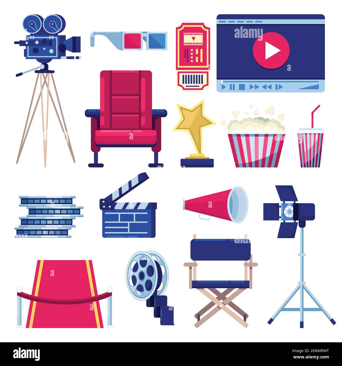 Set di icone flat vettoriali per cinema e cinema. Elementi di progettazione per la produzione di video e film. Apparecchiature multimediali isolate su sfondo bianco. Illustrazione Vettoriale